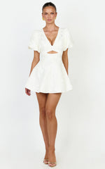 Rosalie Mini Dress - Floral Jacquard V Neck Fit and Flare Dress in White