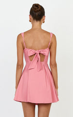 Ida Mini Dress - Wide Strap Straight Neck Bow Back Dress in Pink