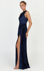 Clarissa Maxi Dress - One Shoulder Pleated Dress in Navy