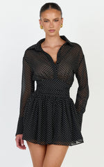 Valerie Mini Dress - Collared Long Sleeve Waist Shirt Dress in Black Polka Dot
