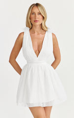 Mariabella Mini Dress - Tulle Plunge Dress in White