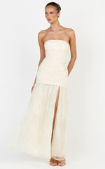 Brielle Maxi Dress - Strapless Gathered Fit & Flare Lace Dress in Champagne