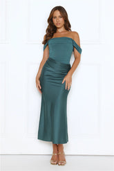 Out Tonight Edit Off Shoulder Mesh Satin Maxi Dress Teal