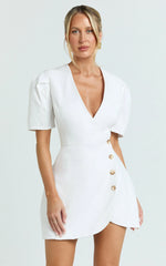 Ina Mini Dress - Wrap Over Button Down Dress in White