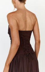 Marlowe Maxi Dress - Strapless Gathered Bodice Fit And Flare Dress in Chocolate