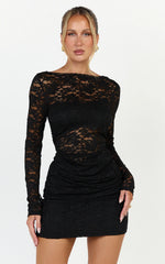 Skye Mini Dress - Lace Long Sleeve Draped Skirt Dress in Black
