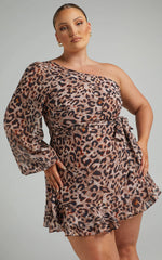 Sherlena Mini Dress - One Shoulder Dress in Leopard