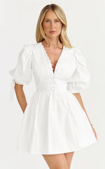 Zandra Mini Dress - Puff Sleeve Poplin Dress in White