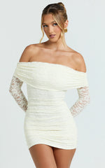 Jensen Mini Dress - Off Shoulder Stretch Lace Bodycon Dress in Cream