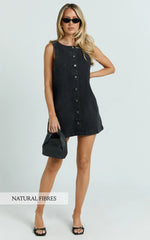 Leia Mini Dress - High Neck Mock Button Down Mini Dress in Black Wash