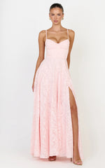 Rachel Maxi Dress - Sweetheart Neckline Jacquard Front Split Dress in Pink