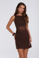 Sleek Lace Panel Bodycon Mini Dress Brown