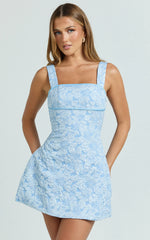 Vivian Mini Dress - Square Neck A Line Dress in Blue