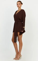 Ariette Mini Dress - Plunge Neck Fringe Detail Belt Dress in Chocolate