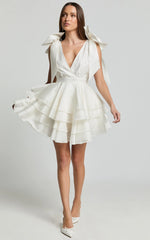 Roxanne Mini Dress - Shoulder Tie Plunge Ruffle Dress in White
