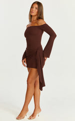 Noah Mini Dress - Off Shoulder Draped Skirt Jersey Dress in Chocolate