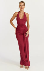 Dixie Maxi Dress - Plunge Halter Low Back Dress in Wine