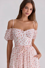 White Rose Print Georgette Ribbon Midi Dress