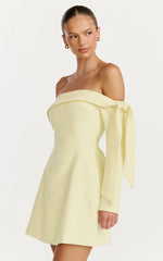 Eljay Mini Dress - Long Sleeve Off Shoulder Knot Detail Dress in Lemon