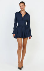 Valerie Mini Dress - Collared Long Sleeve Waist Shirt Dress in Navy