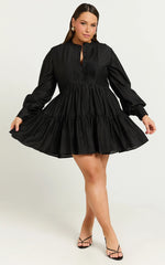 Kyra Mini Dress - Pin Tuck Detail Tiered Shirt Dress in Black