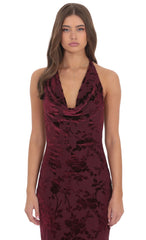 Velvet Floral Halter Cowl Neck Maxi Dress in Plum