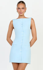 Adela Mini Dress - Mock Button Thru Boat Neck Dress in Baby Blue