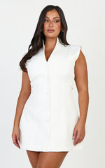 Jacinta Mini Dress - Sleeveless Button Front Tulip Dress in Off White