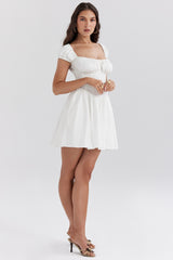 White Cotton Gathered Mini Dress