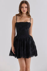 Black Custom Lace + Broderie Anglaise Cotton Mini Dress