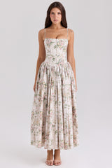 Cream Floral Print Cotton Midi Sundress