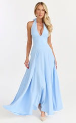 Poppy Maxi Dress - Contrast Skirt Deep Plunge Halter Dress in Blue