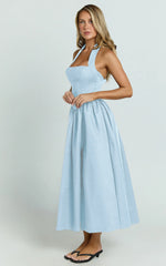 Helda Midi Dress - Halter Tie Neck Corset Panel Dress in Soft Blue