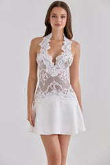 White Lace + Satin Halter Neck Mini Dress