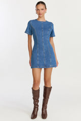 Camellia Mini Dress - High Neck A Line Dress in Mid Blue Wash