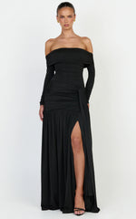 Amaya Maxi Dress - Off Shoulder Draped Long Sleeve Dress in Black