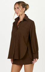 Blanche Top - Oversized Patch Pocket Long Sleeve Shirt in Dark Chocolate