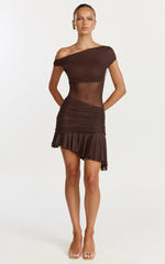 Ivy Mini Dress - Tip Shoulder Asymmetric Ruched Yoke Dress in Chocolate