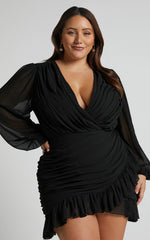 Can I Be Your Honey Mini Dress - Plunge Balloon Sleeve Dress in Black