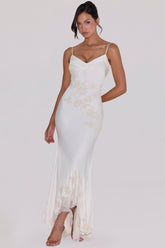 Vintage Ivory Satin Hand Beaded Embellished Maxi Dress