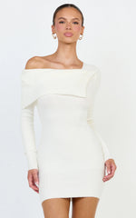 Tess Mini Dress - Asymmetric Off Shoulder Long Sleeve Knit Dress in Cream