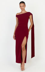 Cosette Midi Dress - Asymmetric Neckline Draped Shoulder Sash Dress in Wine
