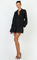 Elodie Mini Dress - Button Down Ruched Tiered Smock Dress in Black