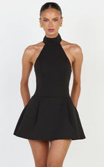 Helia Mini Dress - High Halter Neck Scarf Detail A Line Dress in Black