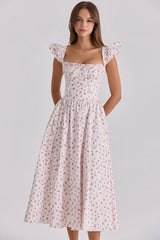 White Rose Print Cotton Midi Sundress