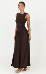 Marguerite Maxi Dress - Gathered Detail Dropped Waist Dress in Dark Chocolate