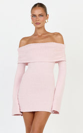 Pietra Mini Dress - Knitted Off Shoulder Dress in Pink