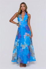 Floral Statement Halter Maxi Dress Blue