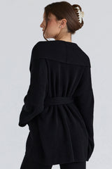 Black Pure Wool Draped Front Cardigan