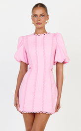 Laila Mini Linen Blend Dress - High Neck Side Cut Out Puff Sleeve Straight Dress in Pink